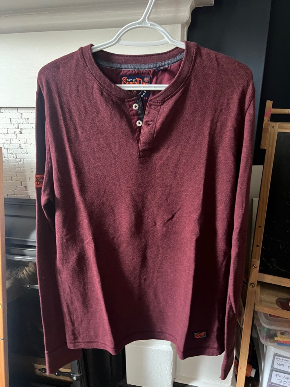 Superdry Men's Maroon Long Sleeve Henley Top